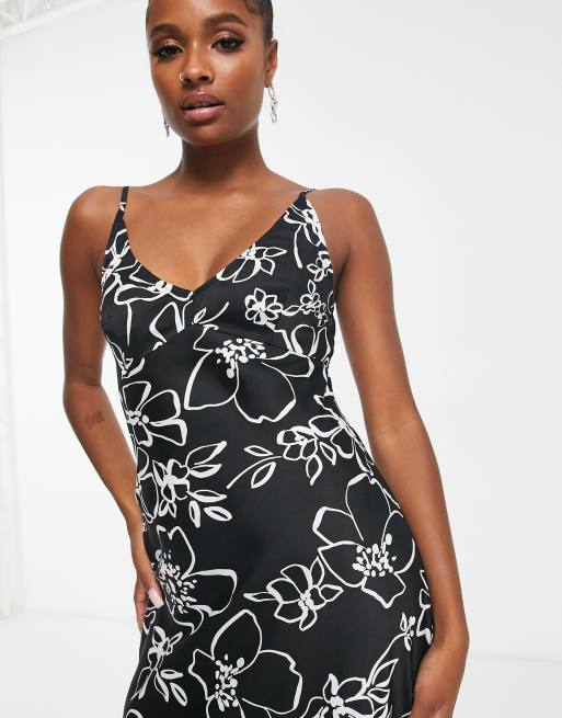 ASOS DESIGN Petite high apex satin maxi slip dress in black based white floral, 3 of 4