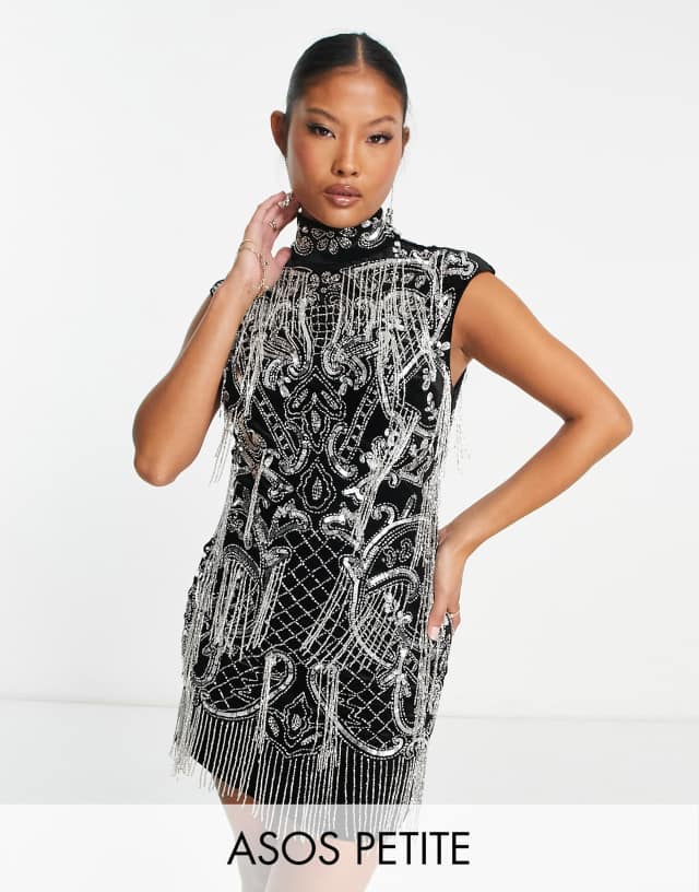 ASOS DESIGN Petite high neck all over embellished mini dress in black with silver sequin