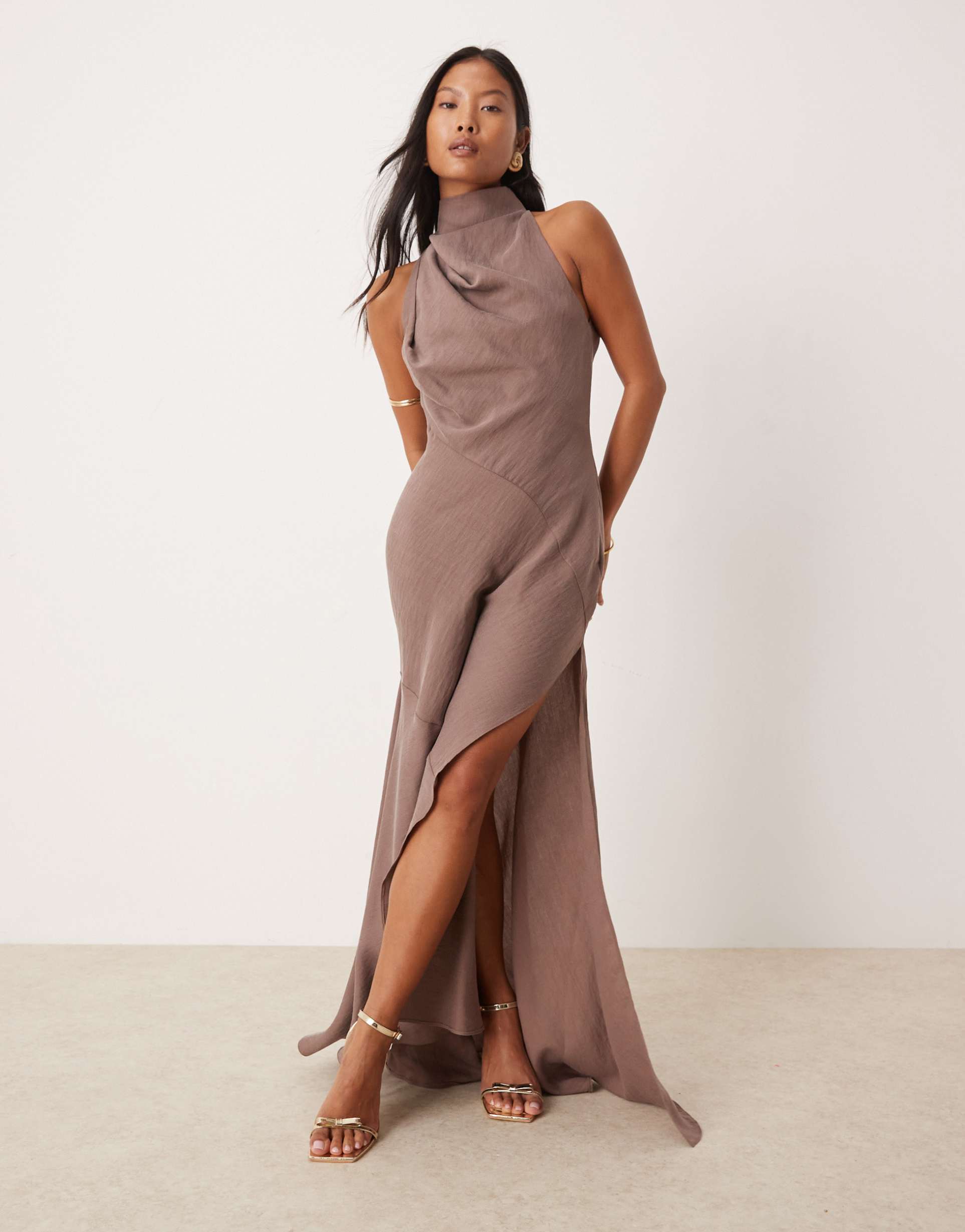 asos design petite high neck asymmetric maxi dress with thigh split in taupe