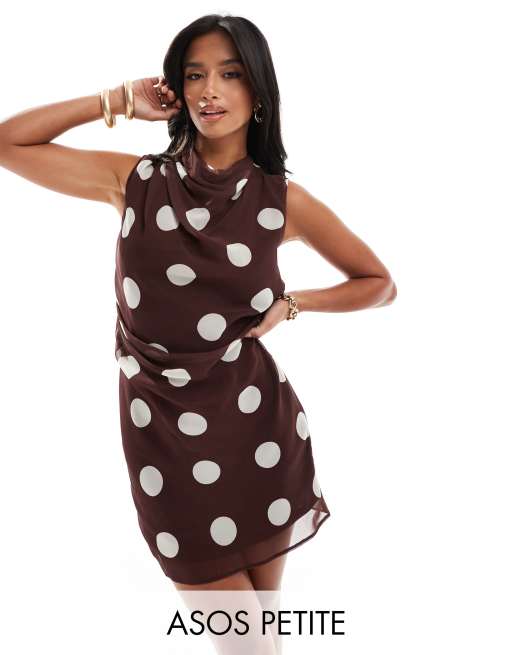 ASOS DESIGN Petite high neck chiffon mini dress with drape detail in brown based polka dot print