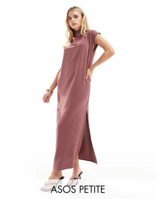 ASOS DESIGN Petite high neck column maxi dress in Mauve-Neutral