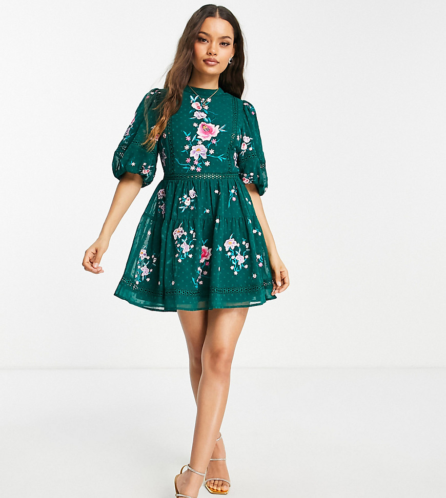 Asos Design Petite High Neck Dobby Embroidered Mini Dress With Lace Trims In Forest Green