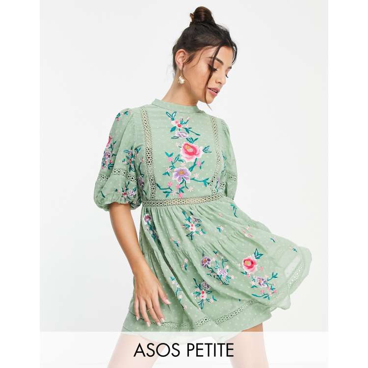 ASOS DESIGN Petite high neck dobby embroidered mini dress with lace trims  in sage green