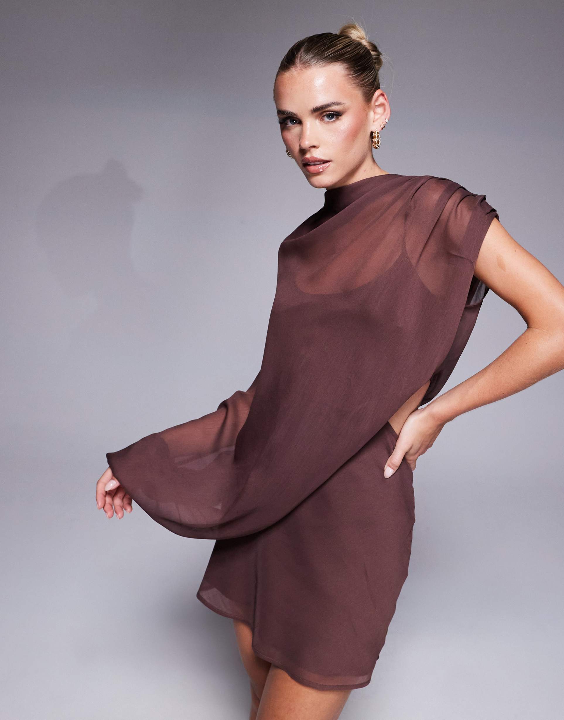 asos design petite high neck draped asymmetric mini dress with cut out in chocolate