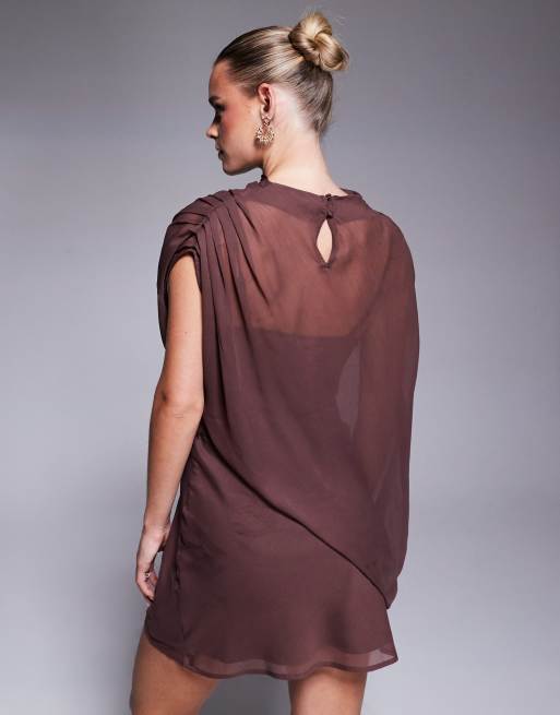 ASOS DESIGN Petite high neck draped asymmetric mini dress with cut out in chocolate