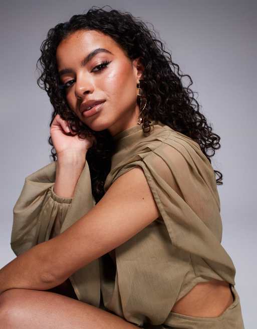 ASOS DESIGN Petite high neck draped asymmetric mini dress with cut-out in taupe