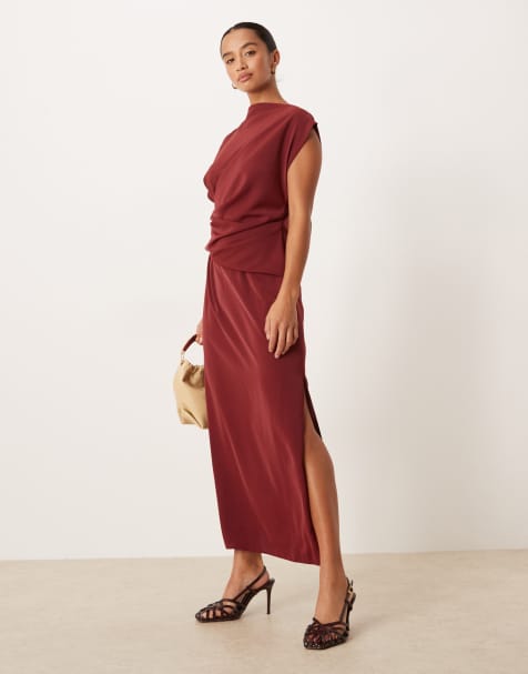 ASOS DESIGN Petite high neck drapey pleated midi dress in burgundy - view 1