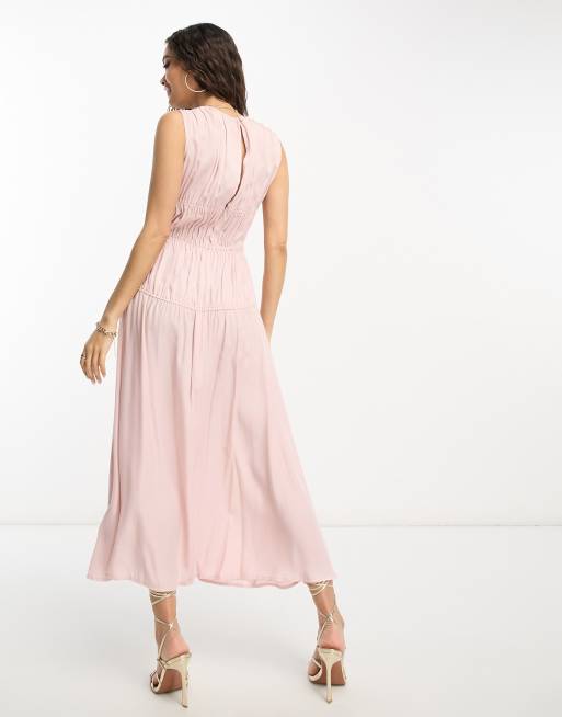 ASOS DESIGN Petite high neck drawstring detail midi dress in light pink, 2 of 4