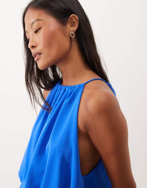 ASOS DESIGN Petite high neck drop waist flippy mini dress in bright blue, 3 of 4