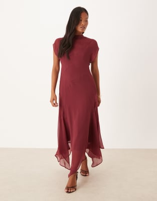 ASOS DESIGN Petite high neck handkerchief hem chiffon maxi dress in cherry-Red