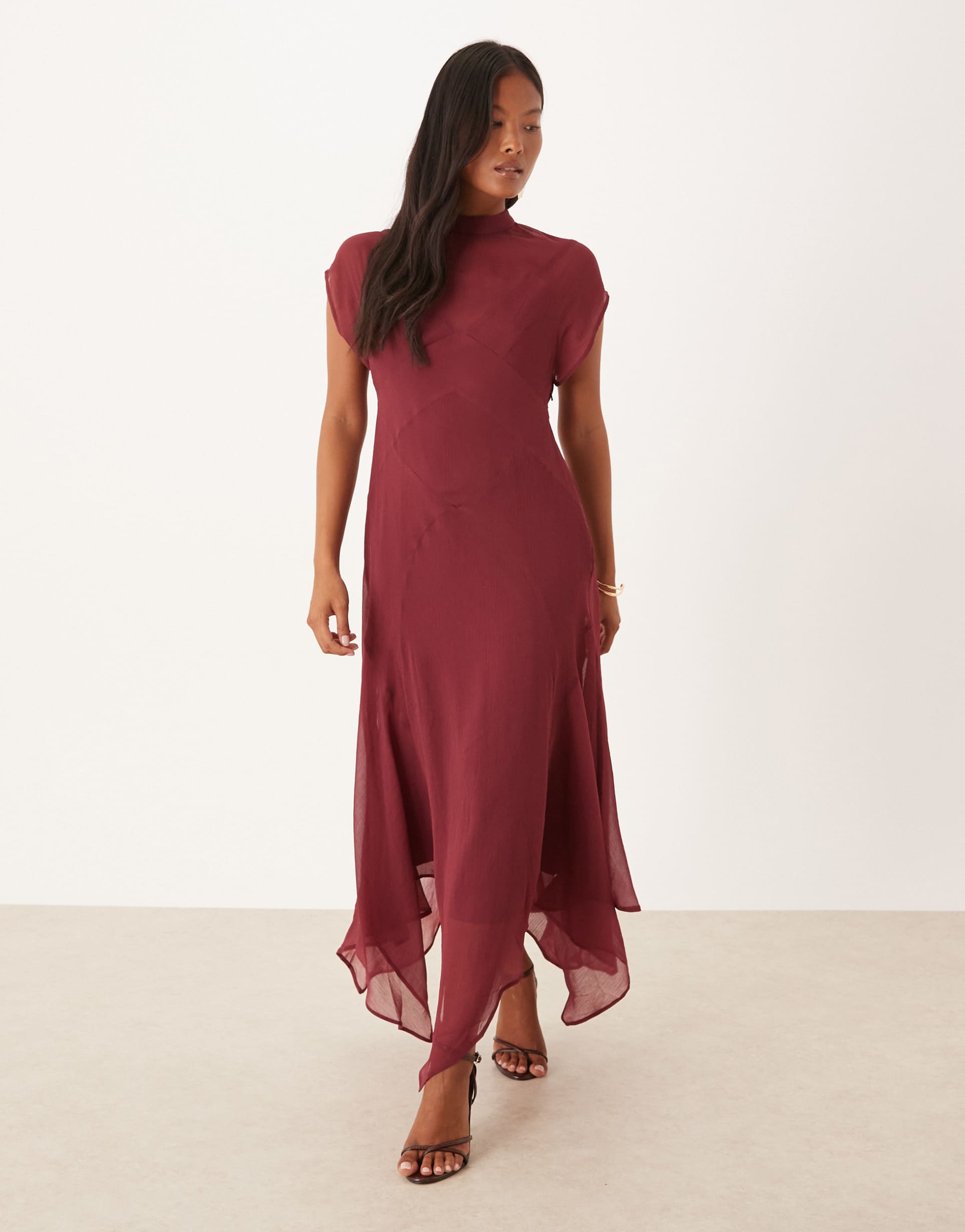 asos design petite high neck handkerchief hem chiffon maxi dress in cherry