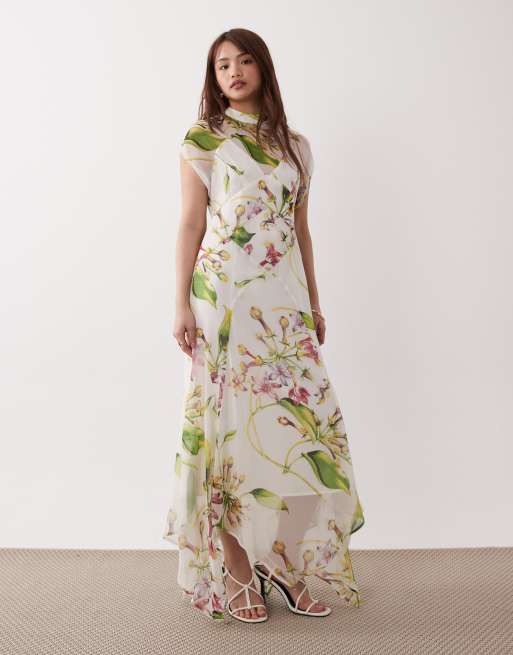 ASOS Design Petite high neck handkerchief hem chiffon maxi dress in large floral print-Multi