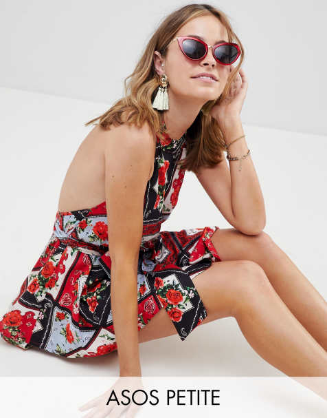 ASOS DESIGN Petite High Neck Hanky Hem Beach Dress In Mixed Rose Bandana Print
