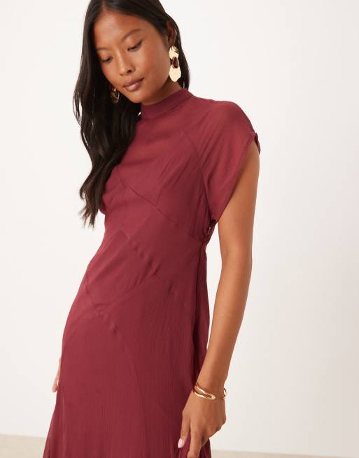 ASOS DESIGN Petite high neck hanky hem chiffon maxi dress in cherry, 3 of 4
