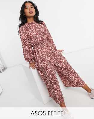 ASOS DESIGN petite high neck long sleeve jumpsuit in floral-Multi