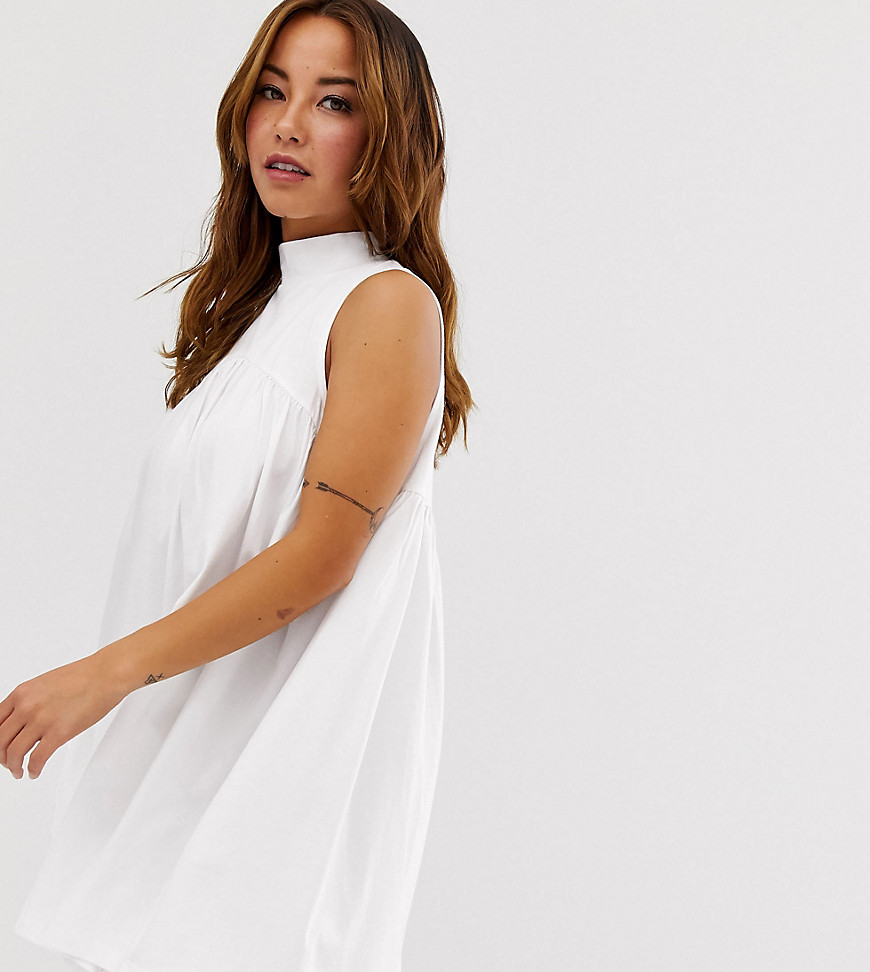 ASOS DESIGN PETITE high neck mini sleeveless smock dress-White