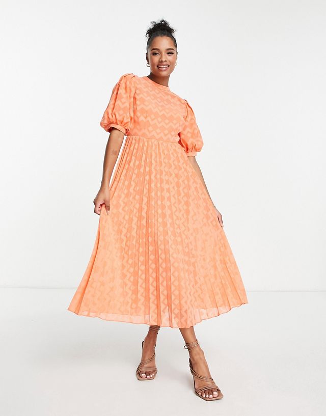 ASOS DESIGN Petite high neck pleated chevron textured midi dress with puff sleeve in coral
