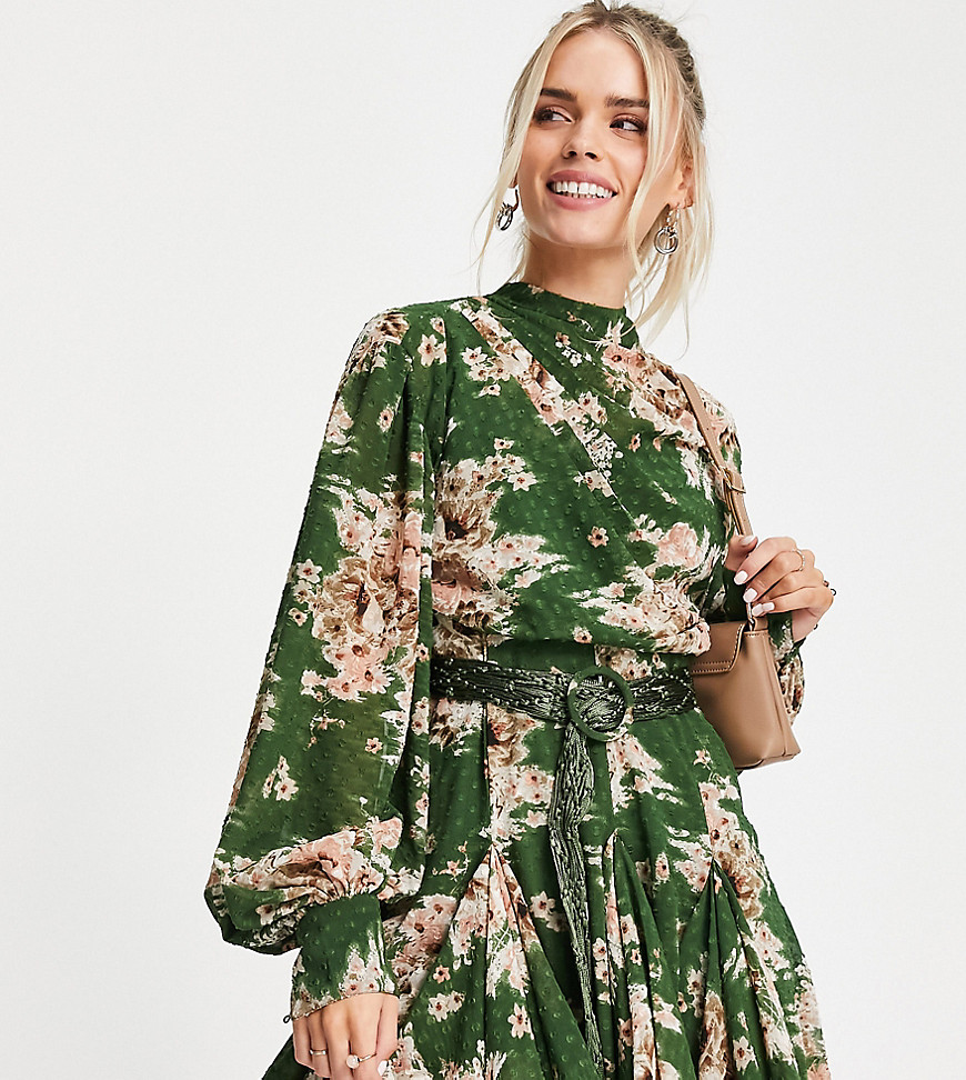 ASOS DESIGN Petite high neck pleated jacquard mini dress with godet detail in floral print-Multi