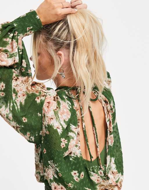 ASOS DESIGN Petite high neck pleated jacquard mini dress with macrame belt  and flare detail in floral print | ASOS