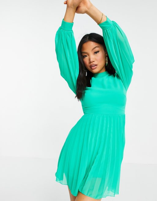 ASOS DESIGN Petite high neck pleated long sleeve mini skater dress in emerald green