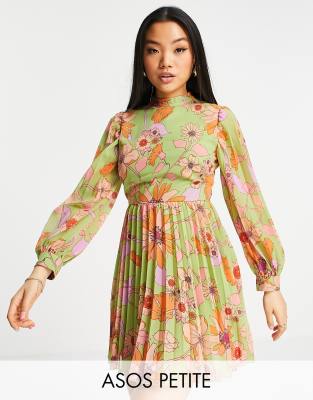 ASOS DESIGN Petite high neck pleated long sleeve skater mini dress in 70s floral print-Multi