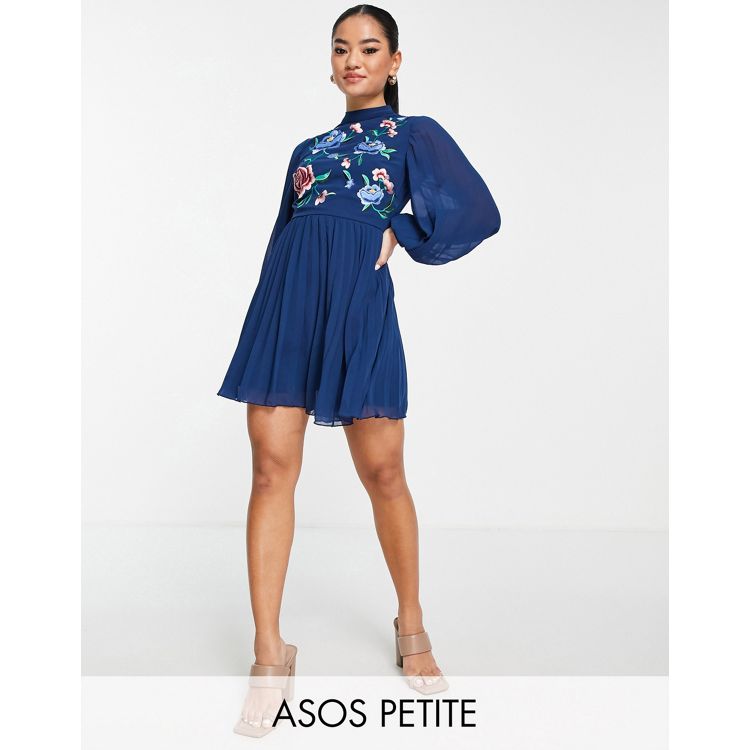ASOS DESIGN high neck pleated long sleeve skater midi dress with embroidery  in navy