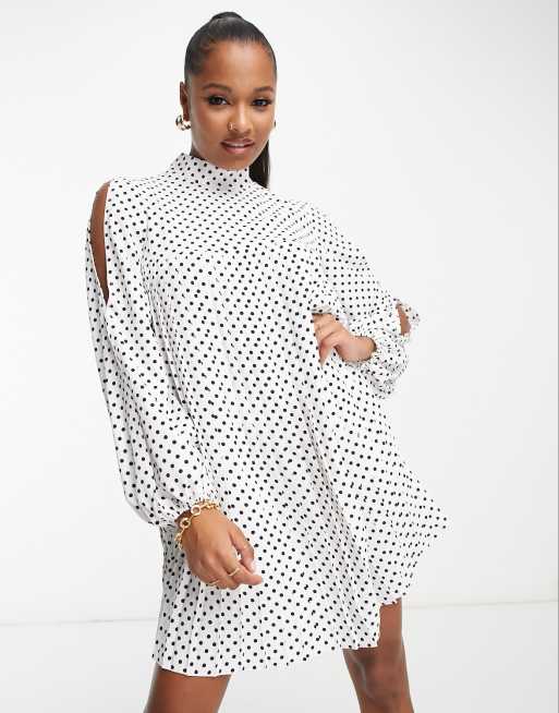 ASOS DESIGN pleated babydoll mini dress with oversized cutwork sleeve in  white