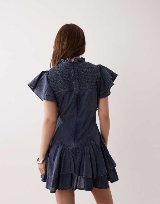 ASOS DESIGN Petite high neck ruffle mini dress with shirring in navy wash, 3 of 4
