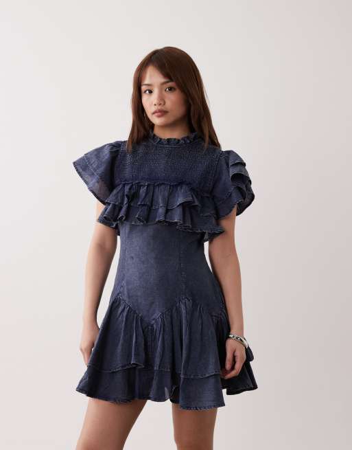 ASOS DESIGN Petite high neck ruffle mini dress with shirring in navy wash, 4 of 4