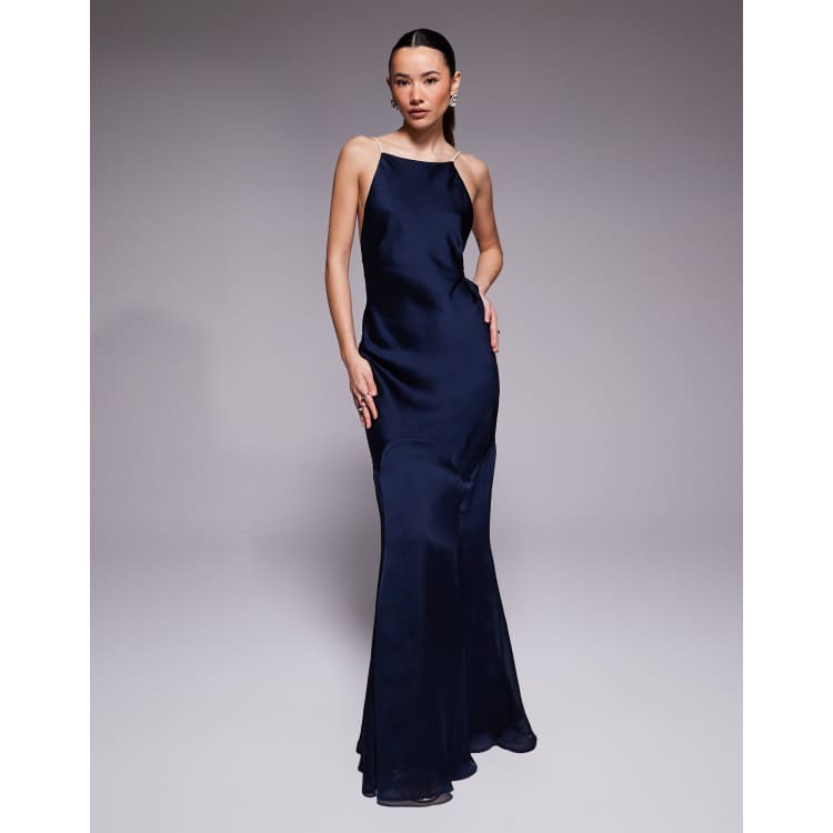ASOS Design Petite high neck satin bias fishtail maxi dress in navy