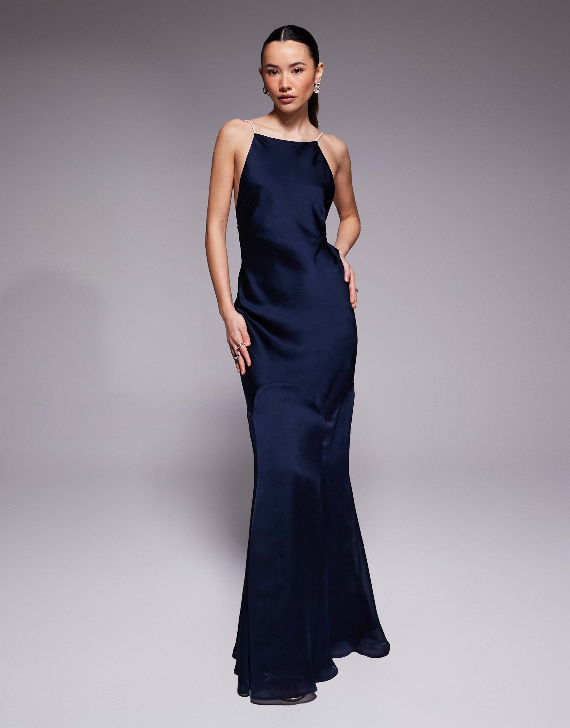 asos design petite high neck satin bias fishtail maxi dress in navy