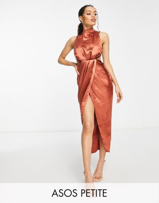 ASOS DESIGN Petite high neck satin midi dress with drape detail skirt in rust-Orange