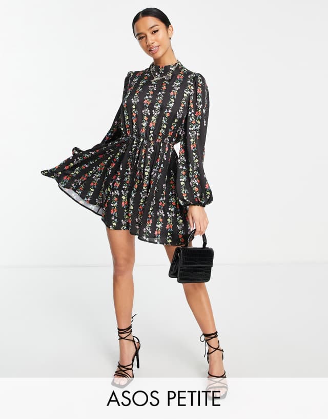 ASOS DESIGN Petite high neck satin mini skater dress in black linear floral print