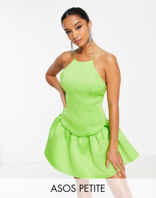 Asos Petite Asos Design Petite High Neck Seamed Low Back Pephem Mini Dress In Lime Green-multi