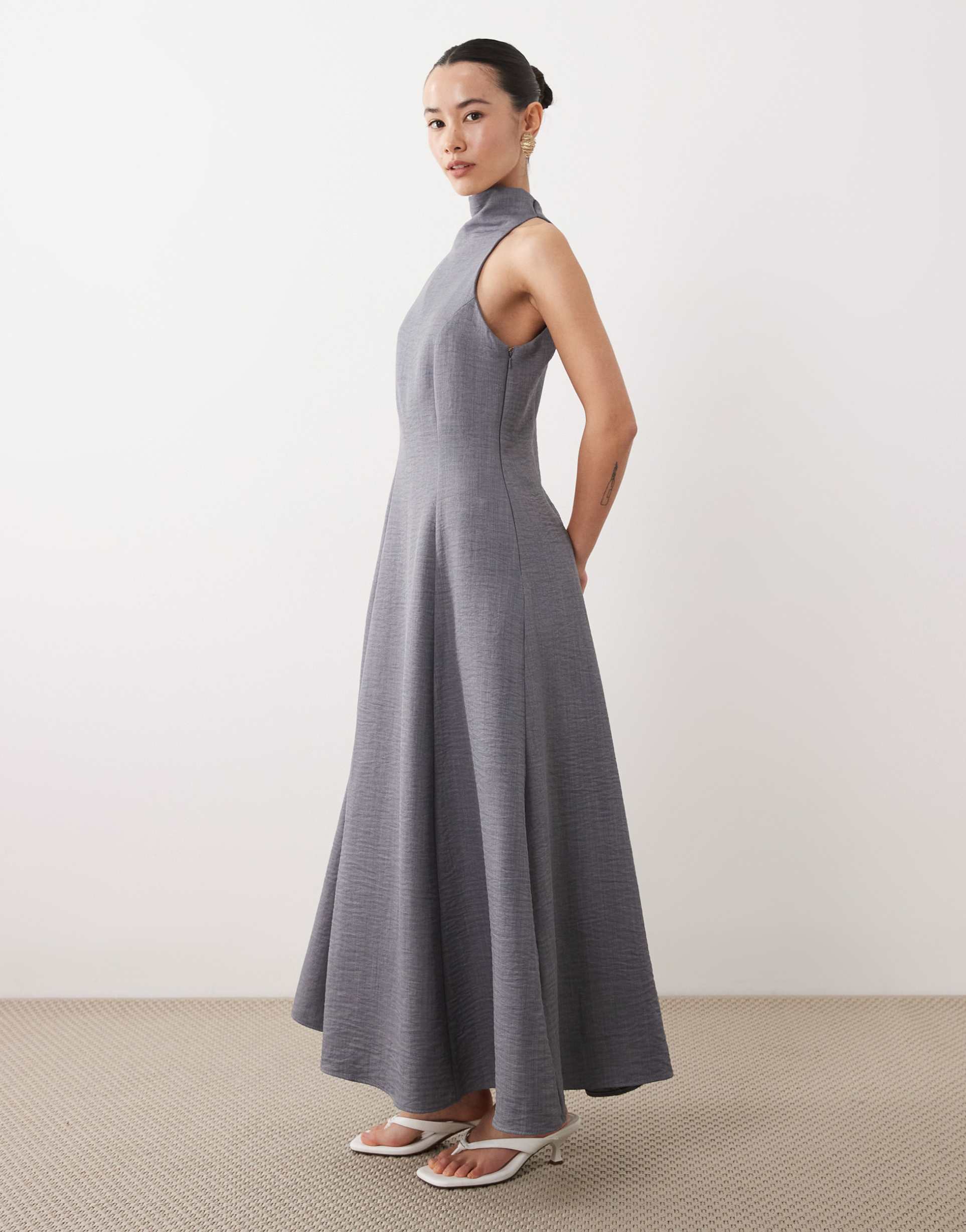 asos design petite high neck sleeveless linen look swing maxi dress in denim blue