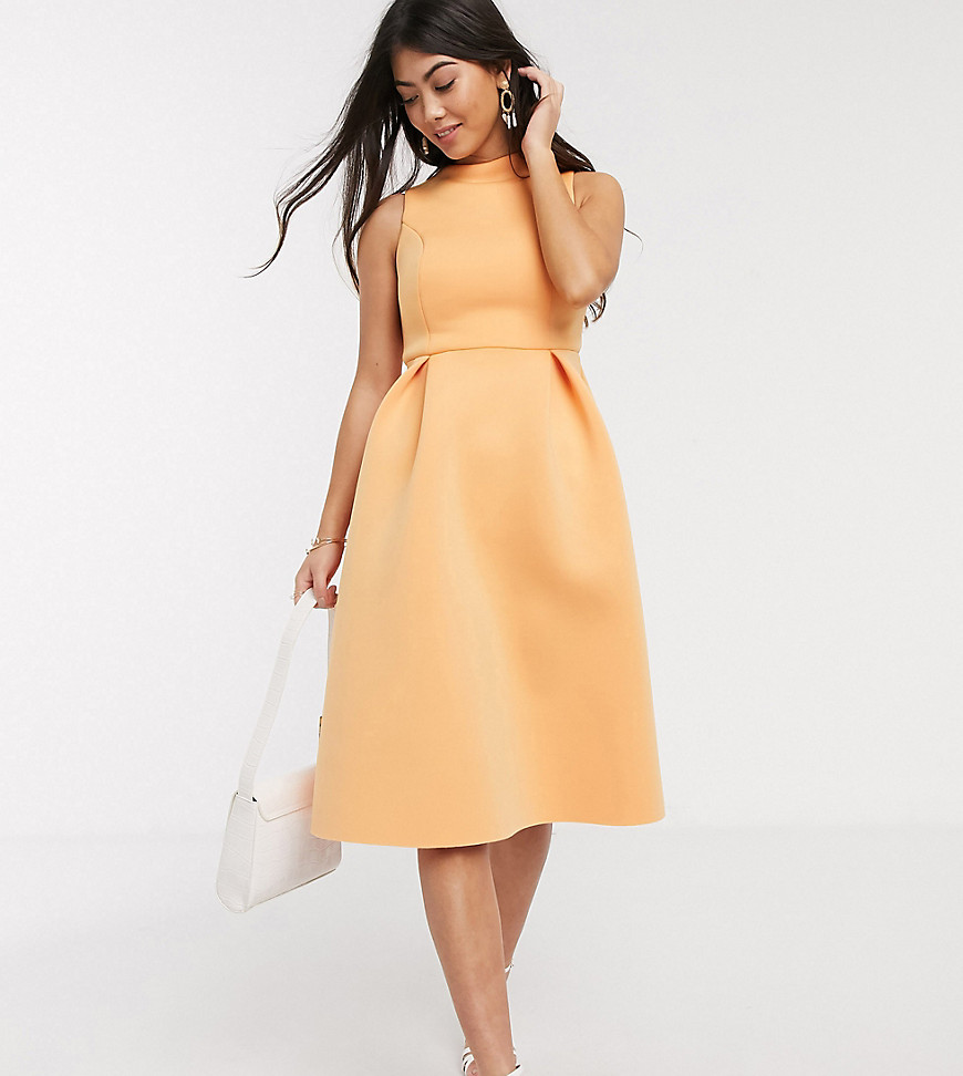ASOS DESIGN Petite high neck sleeveless midi prom dress with lace up back in washed tangerine-White