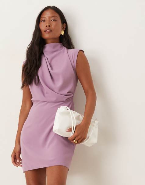 ASOS DESIGN Petite high neck sleeveless mini dress with draped neck in grape - view 1