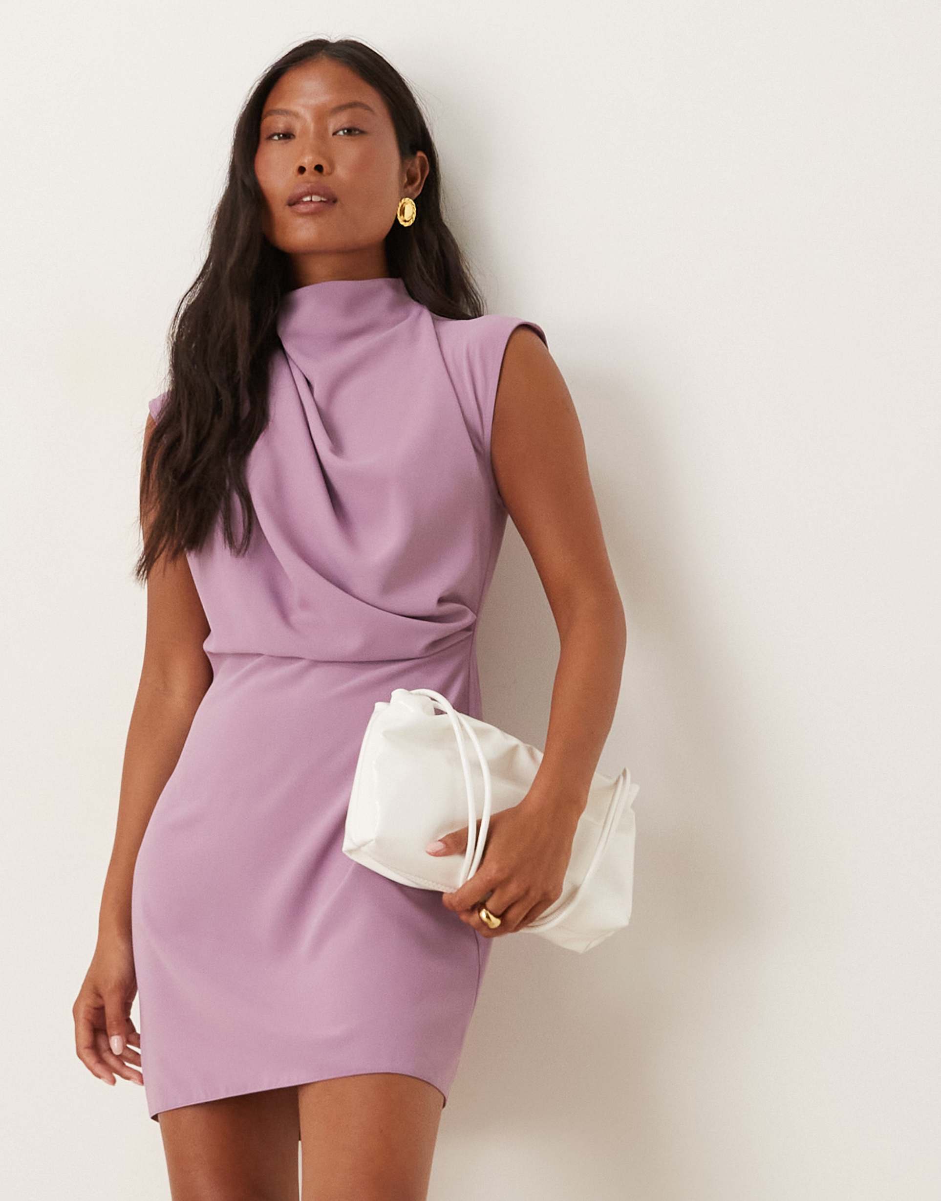 asos design petite high neck sleeveless mini dress with draped neck in grape