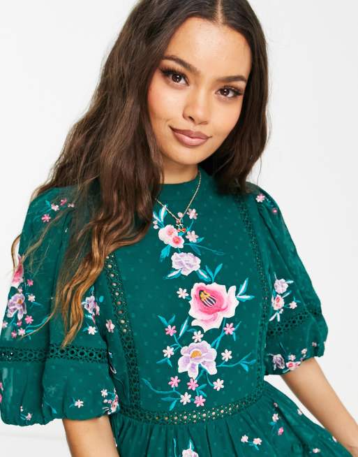 ASOS DESIGN Petite high neck textured embroidered mini dress with lace trims in forest green