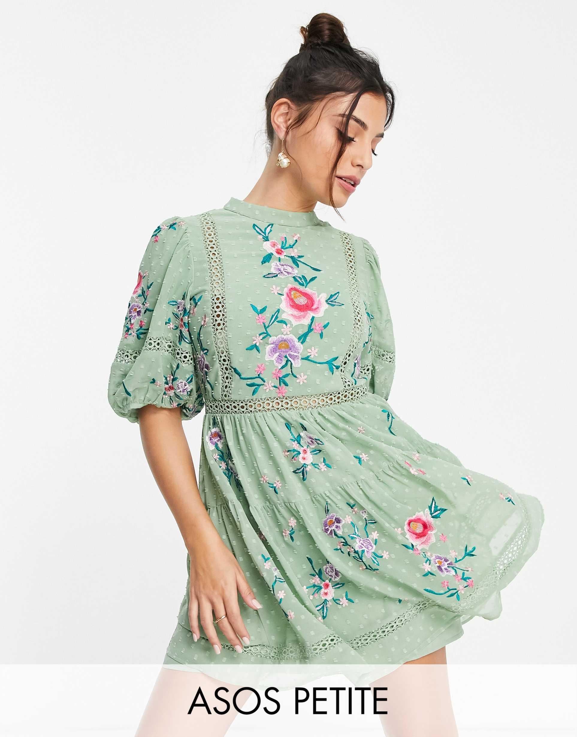 asos design petite high neck textured embroidered mini dress with lace trims in sage green