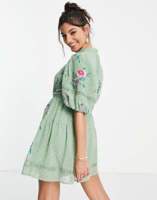 ASOS DESIGN Petite high neck textured embroidered mini dress with lace trims  in sage green | ASOS
