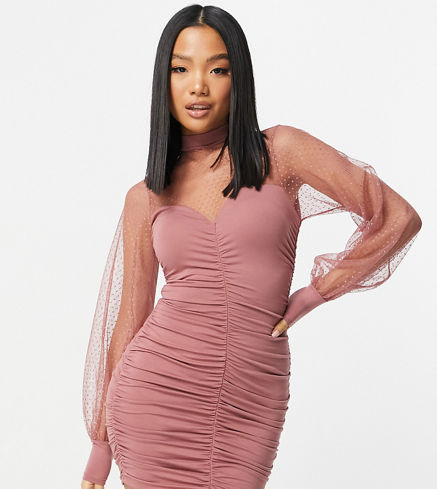 ASOS DESIGN Petite high neck textured mesh mini dress with ruched chanelling in chocolate-Multi