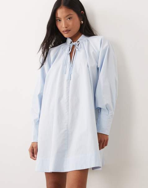 ASOS DESIGN Petite high neck tie poplin mini dress with puff sleeve in soft blue - view 1
