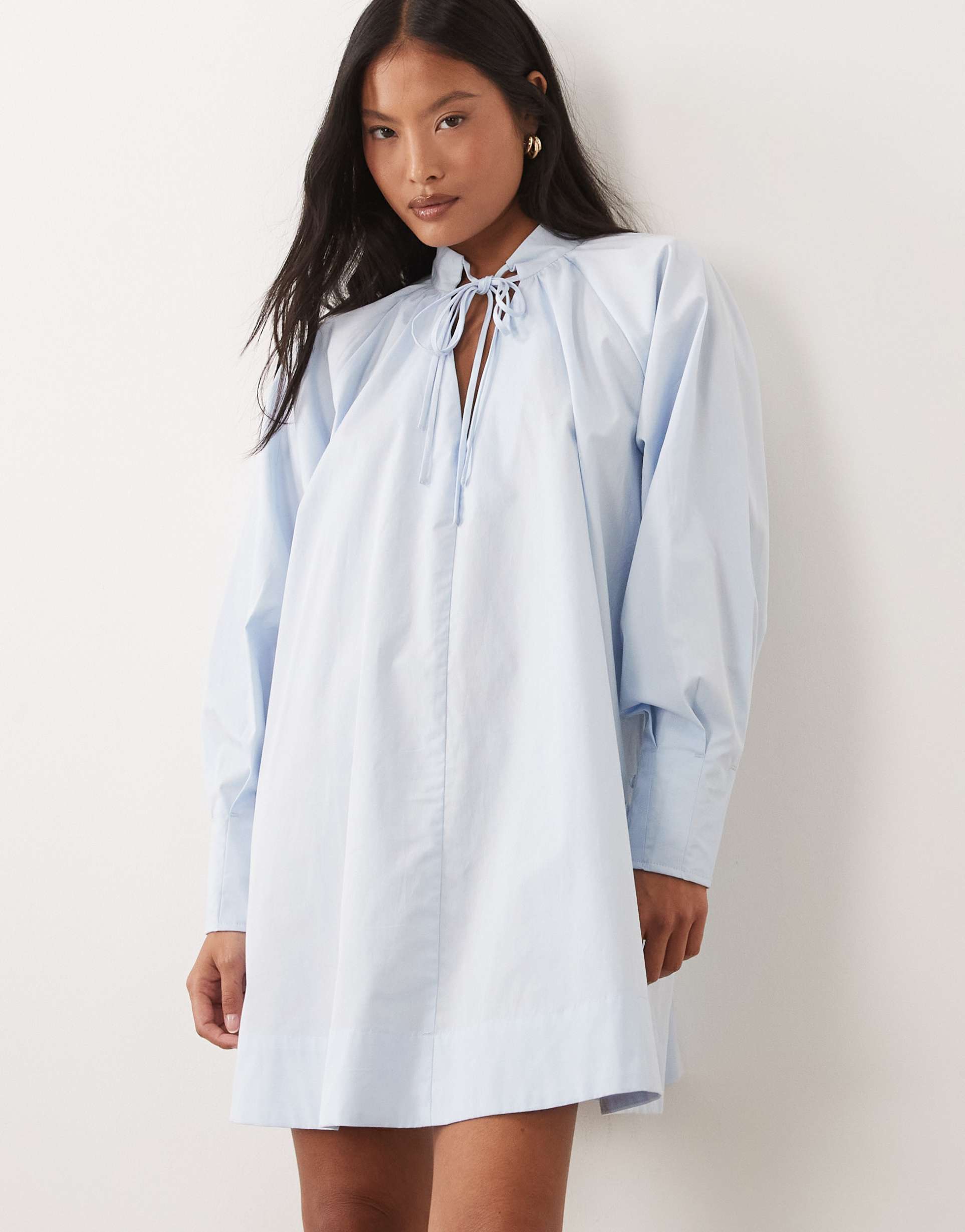 asos design petite high neck tie poplin mini dress with puff sleeve in soft blue
