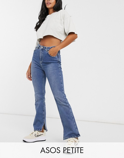 ASOS DESIGN Petite high rise '00's' stretch flare jeans in midwash