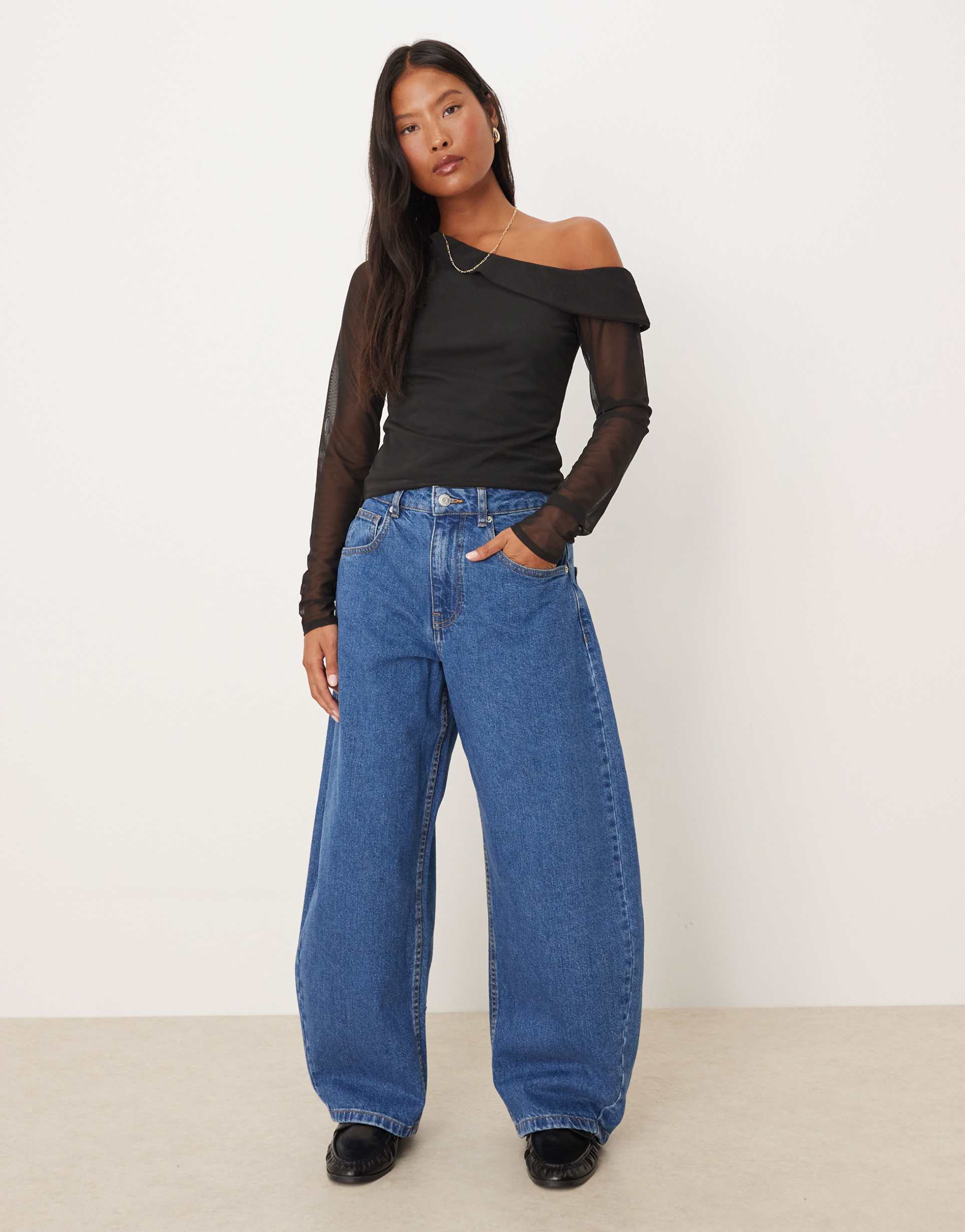 asos design petite high rise barrel leg jeans in mid blue