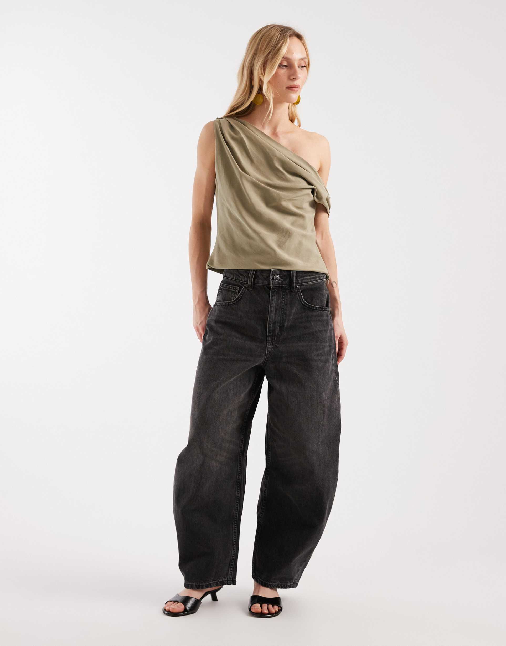 asos design petite high rise barrel leg jeans in washed charcoal