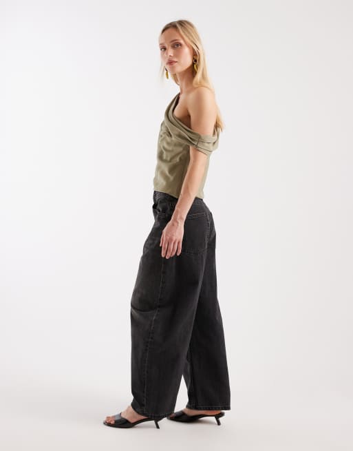 ASOS DESIGN Petite high rise barrel leg jeans in washed charcoal, 3 of 5