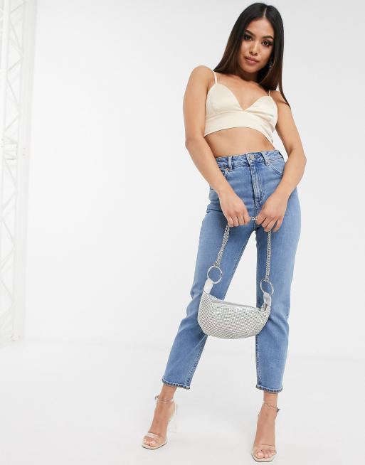 ASOS DESIGN Petite high rise farleigh slim mom jeans in mid vintage wash MBLUE