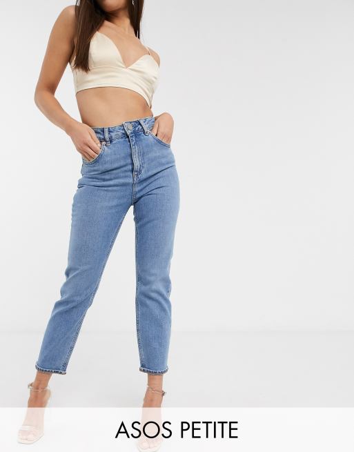 ASOS DESIGN Petite high rise farleigh 'slim' mom jeans in mid vintage wash, 1 of 4